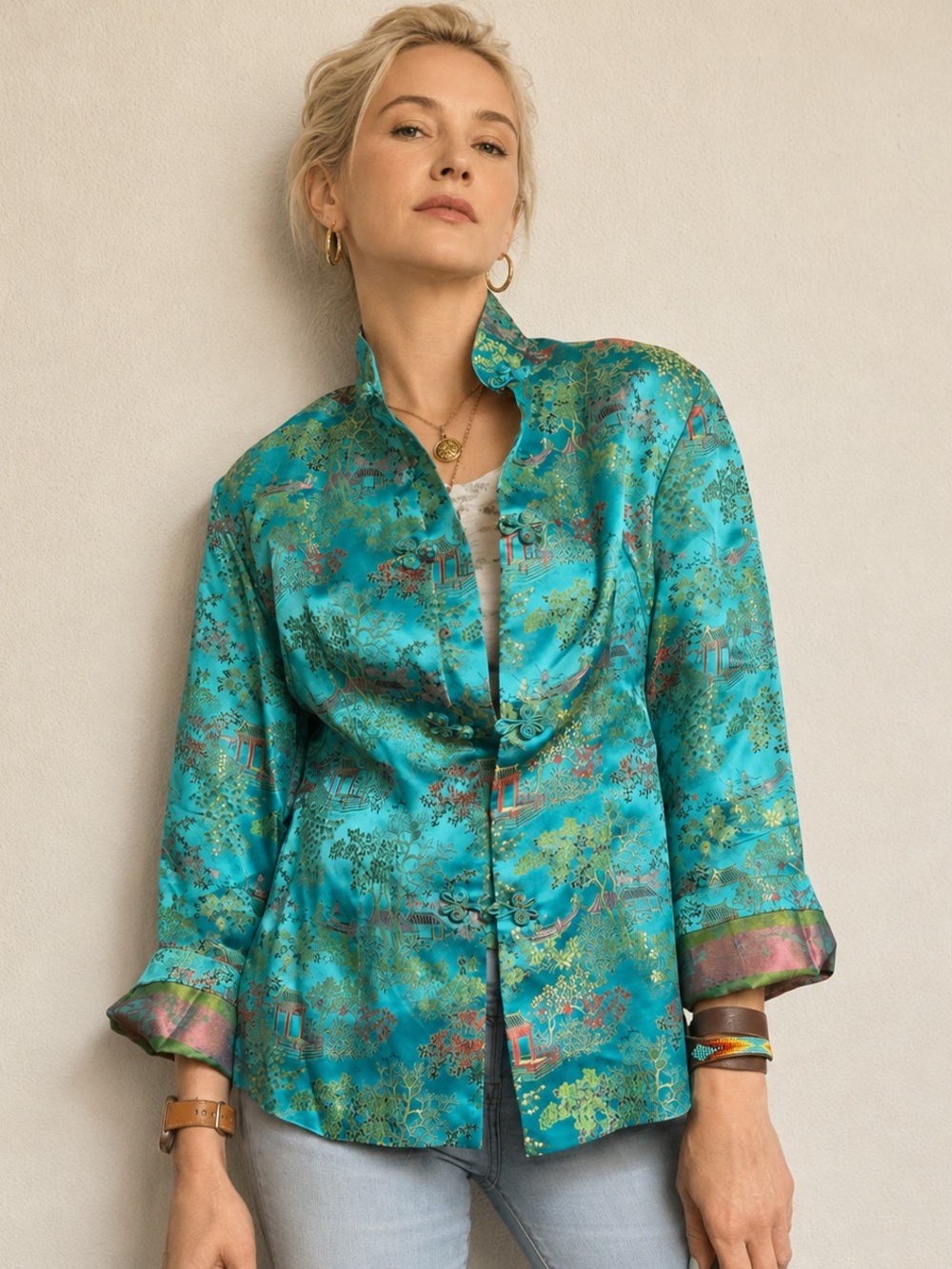 Vintage Peony Brand Shanghai 100% Rayon Satin Brocade Chinoiserie Jacket